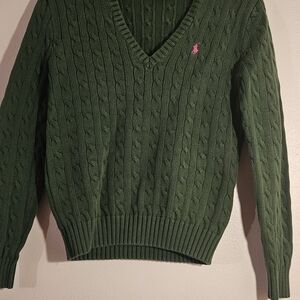 Ralph Lauren Green Cable-Knit V-Neck Sweater with Pink Pony